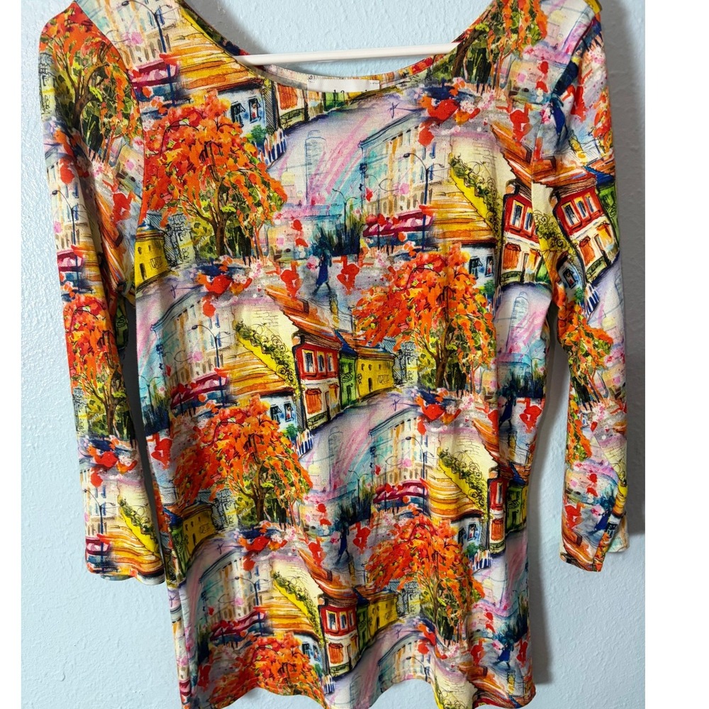 Peck & Peck Watercolor Cityscape Top S Art to Wear 3/4 Sleeve Made in USA